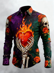 Men's Retro Valentines Day Skull Long-Sleeved Shirt