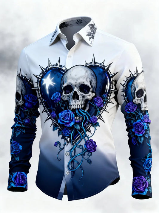 Men's Retro Valentines Day Skull Long-Sleeved Shirt