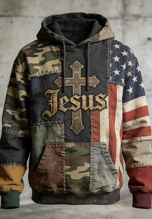 Men's Vintage Christian Jesus Cross Drop-Shoulder Hoodie with Pockets