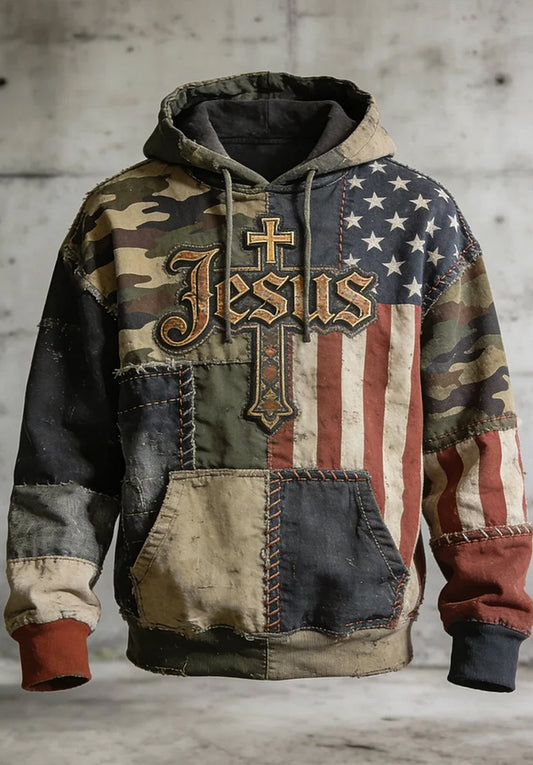 Men's Vintage Christian Jesus Cross Drop-Shoulder Hoodie with Pockets