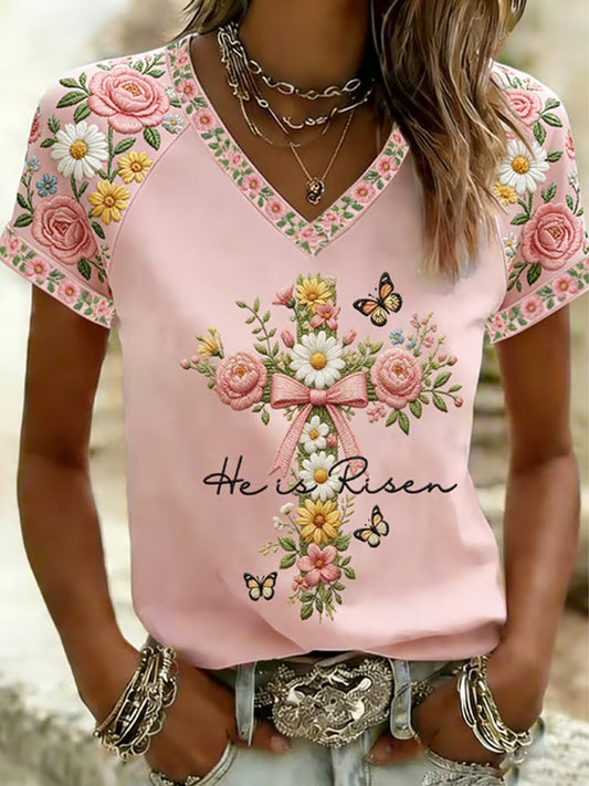 Women's Plants Flowers Faith Printed V-neck T-shirt
