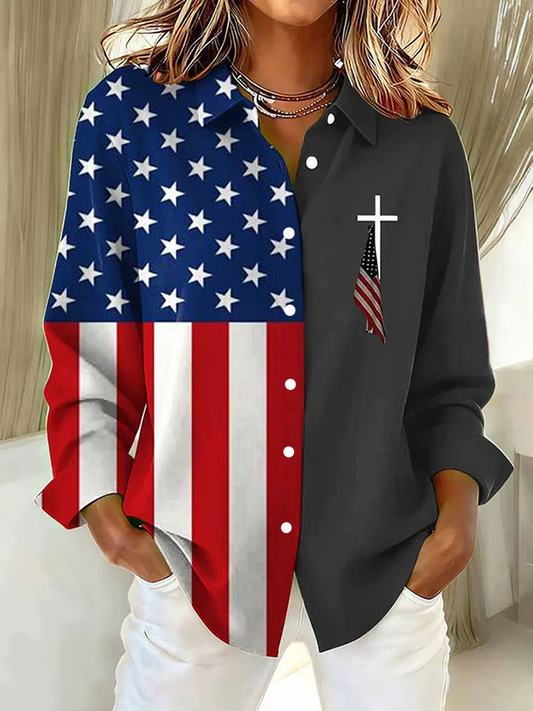 Women's Vintage Flag And Cross Print shirts