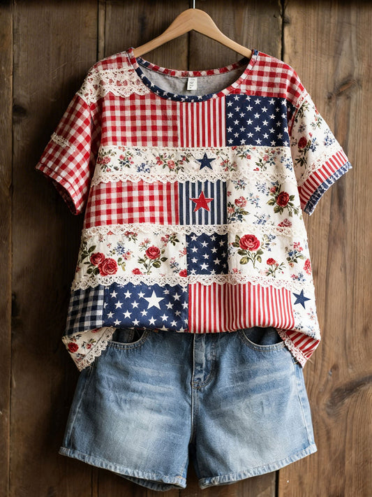Women's American Floral Patchwork Print Casual T-Shirt
