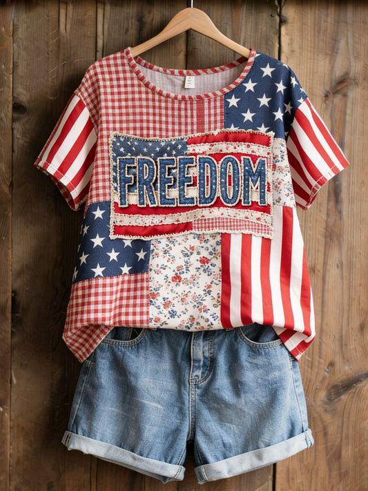 Women's American Floral Patchwork Print Casual T-Shirt