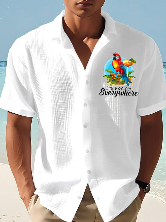 Men's It's 5 O'clock Somewhere Parrot Print Casual Waffle Short-Sleeve Shirt
