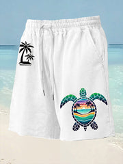 Men's Beach Vacation Sea Turtle Palm Tree Silhouette Print Casual Shorts