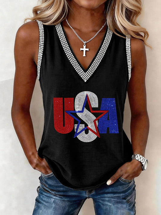 Women's USA Inspired Rhinestone Pattern V-Neck Tank Top