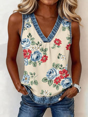 Women's Vintage Flower Pattern Denim Patchwork Top