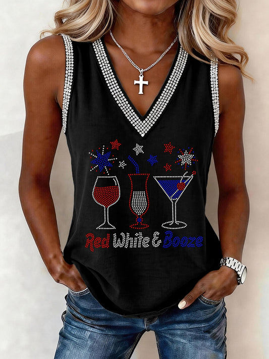 Women's Red White and Booze Rhinestone Pattern V-Neck Tank Top