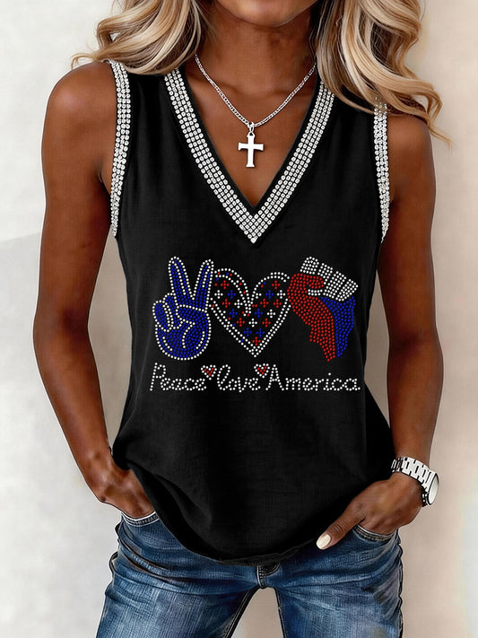 Women's Peace Love USA Rhinestone Pattern V-Neck Tank Top