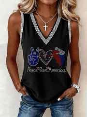 Women's Peace Love USA Rhinestone Pattern V-Neck Tank Top