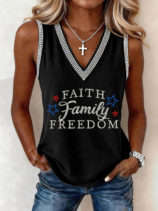 Women's Faith Family Freedom Rhinestone Pattern V-Neck Tank Top