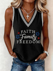 Women's Faith Family Freedom Rhinestone Pattern V-Neck Tank Top