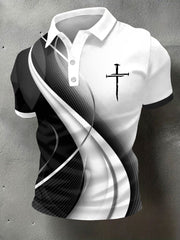 Men's Christian Cross Art Waves Print Casual Polo