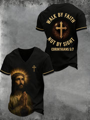 Men's Christian Cross Walk By Faith Not By Sight  Printed V-neck T-shirt