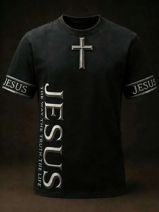 Men's Christian Jesus The Way The Truth The Life Cross Print Casual Short Sleeve  T-shirt