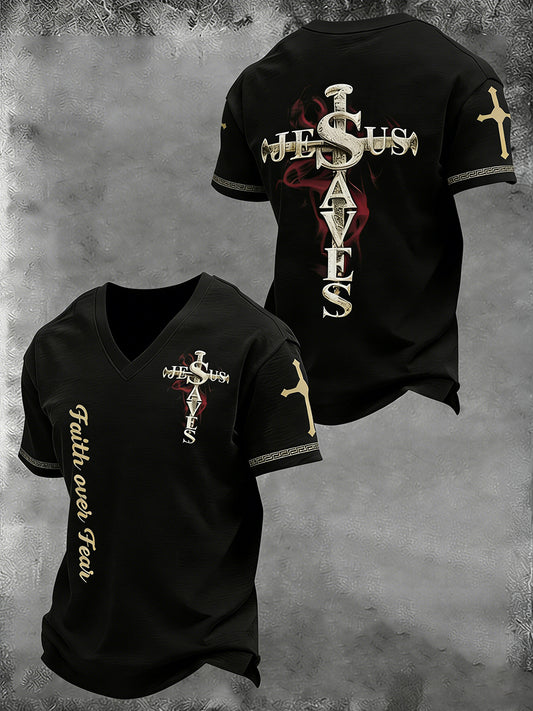 Men's Christian Cross Printed V-neck T-shirt
