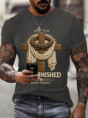 Men's He Is Risen It’s Finished Jesus Christian Cross Print Casual Tee