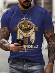 Men's He Is Risen It’s Finished Jesus Christian Cross Print Casual Tee