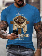 Men's He Is Risen It’s Finished Jesus Christian Cross Print Casual Tee