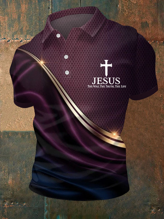 Men's Jesus The Way The Truth The Life Art Waves Print Casual Polo