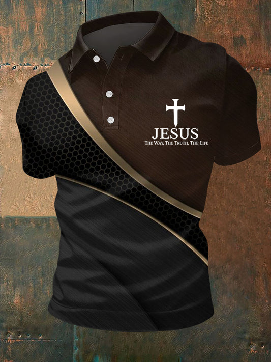 Men's Jesus The Way The Truth The Life Art Waves Print Casual Polo