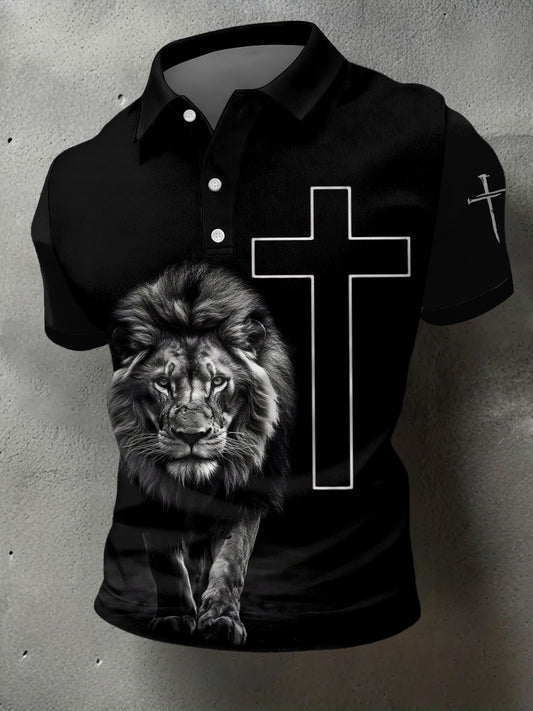 Men's Christian Cross Lion Print Casual Polo