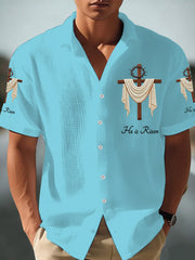 Men's He Is Risen Jesus Christian Cross Print Short-Sleeve Waffle Shirt