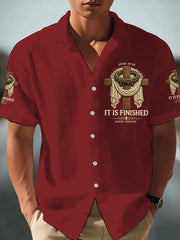 Men's  He Is Risen It’s Finished Jesus Christian Cross Print Short-Sleeve Waffle Shirt