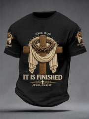 Men's Men's He Is Risen It’s Finished Jesus Christian Cross Print Waffle Short Sleeve Tee