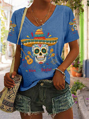 Women's Viva La Fiesta! Print Casual V-Neck Tee