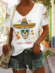 Women's Viva La Fiesta! Print Casual V-Neck Tee