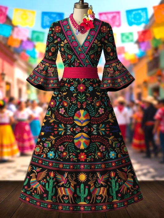 Women's Mexican Ethnic Floral Print Flared-Sleeve Dress