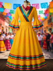 Women's Mexican Ethnic Stripes Print Flared-Sleeve Dress