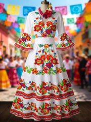 Women's Mexican Ethnic Floral Print Flared-Sleeve Dress