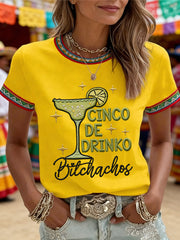 Women's Funny Cinco De Drinko Bitchachos Skeleton Print Casual Tee
