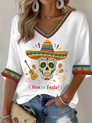 Women's Viva La Fiesta! Skeleton Print Casual Waffle Top