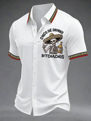 Men's Funny Cinco De Drinko Bitchachos Skeleton Print Casual Short Sleeve Shirt