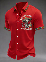 Men's Funny Cinco De Drinko Bitchachos Skeleton Print Casual Short Sleeve Shirt