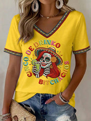 Women's Funny Cinco De Drinko Bitchachos Skeleton Print Casual V-Neck Tee