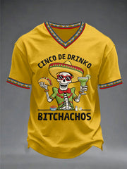 Men's Funny Cinco De Drinko Bitchachos Skeleton Print Casual V-Neck Tee