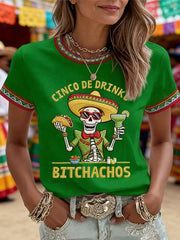 Women's Funny Cinco De Drinko Bitchachos Skeleton Print Casual Tee
