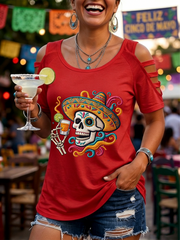 Women's Mexican Cinco de Mayo Printed round neck off-shoulder T-shirt