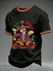 Men's Funny Cinco De Drinko Bitchachos Skeleton Print Casual Short-Sleeve T-shirt