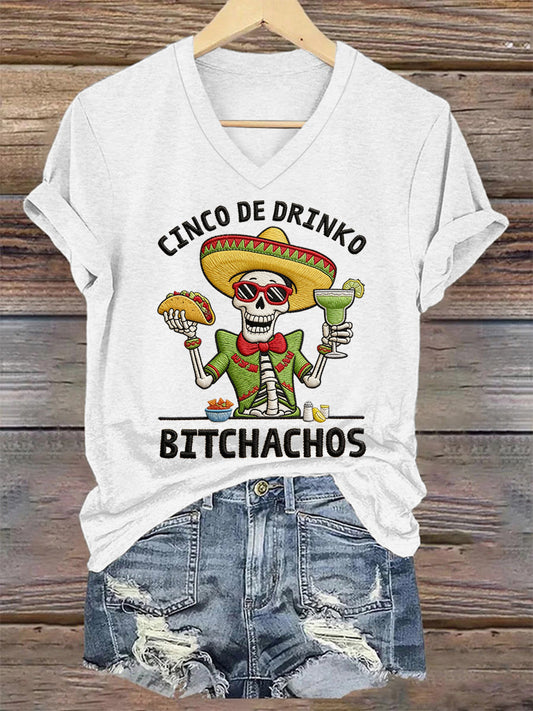 Women's Funny Cinco De Mayo Bitchachos Skull Print Tee