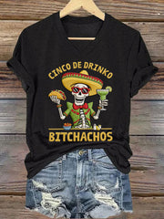 Women's Funny Cinco De Mayo Bitchachos Skull Print Tee