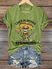 Women's Funny Cinco De Mayo Bitchachos Skull Print Tee
