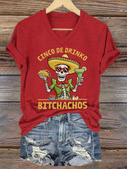 Women's Funny Cinco De Mayo Bitchachos Skull Print Tee
