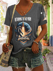 Women's Return To The Moon 2026 Casual V-Neck Tee