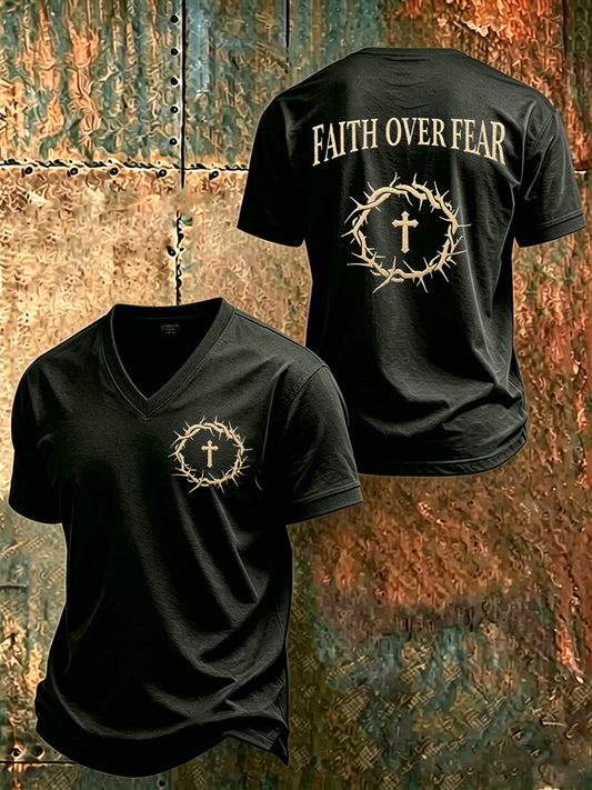 Men's Christian Faith Over Fear Cross V-neck Short Sleeve T-shirt